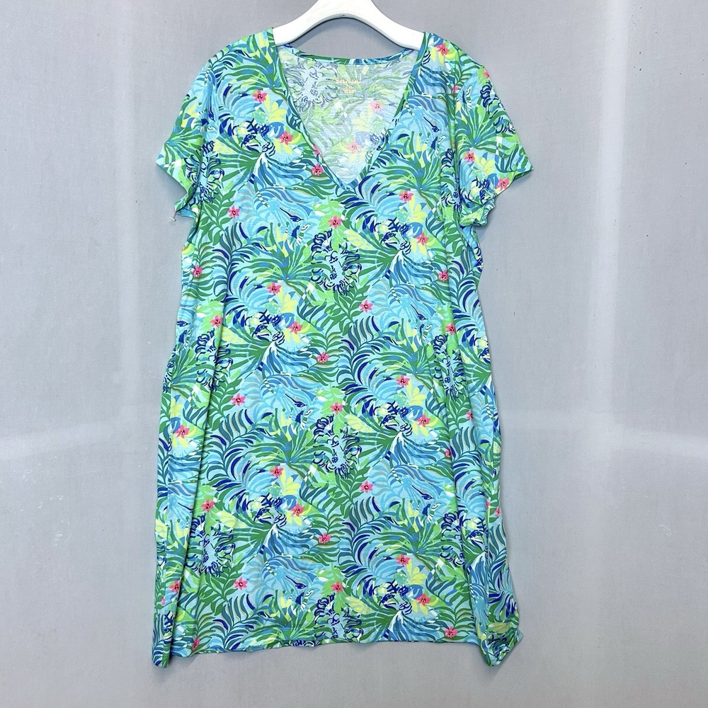 Lilly Pulitzer Dress Large Blue Green Etta Short Sleeve Via Parigi Floral Lions